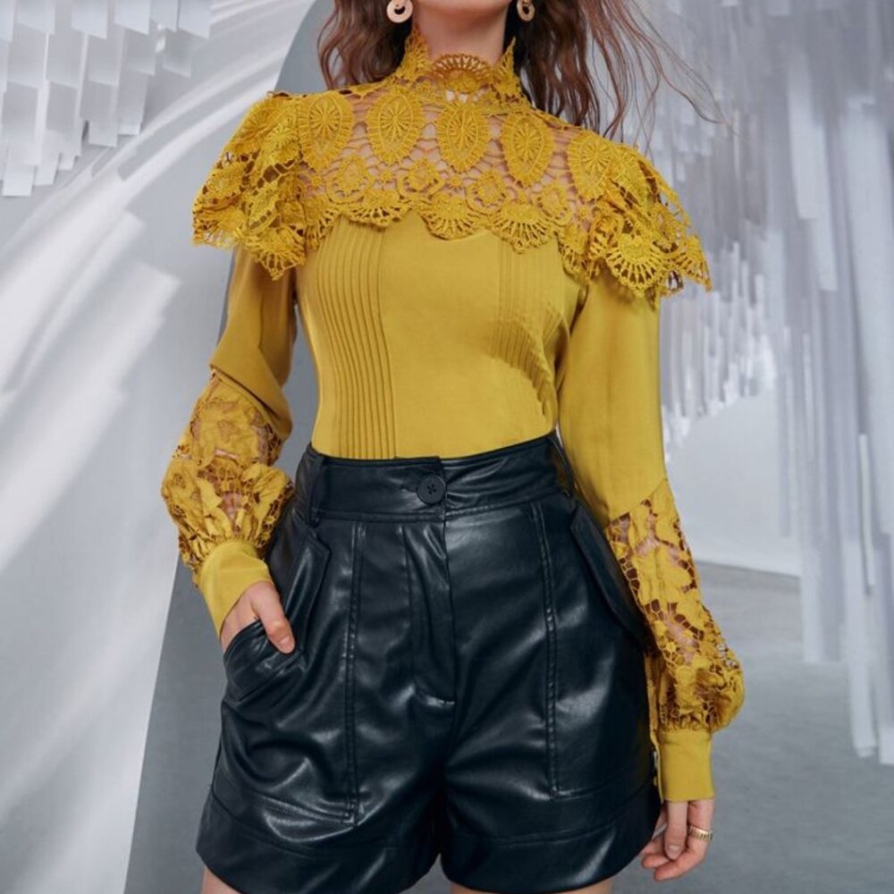SHEIN Prive Lace Bishop Sleeve Blouse NWOT